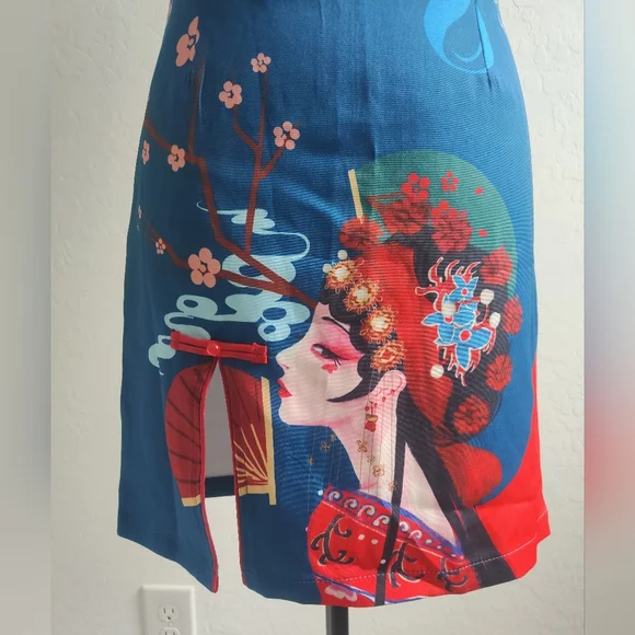 🆕 Authentic Chinese Blue & Red Qipao midi Dress Koi fish cherry blossom fans_Sm - Picture 3 of 11